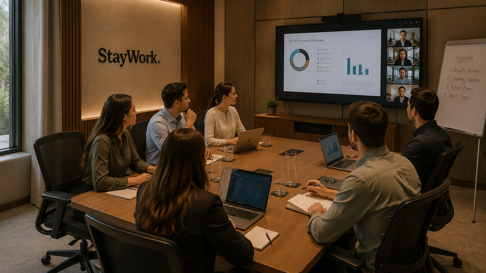 Team meeting in a StayWork team room with video conferencing